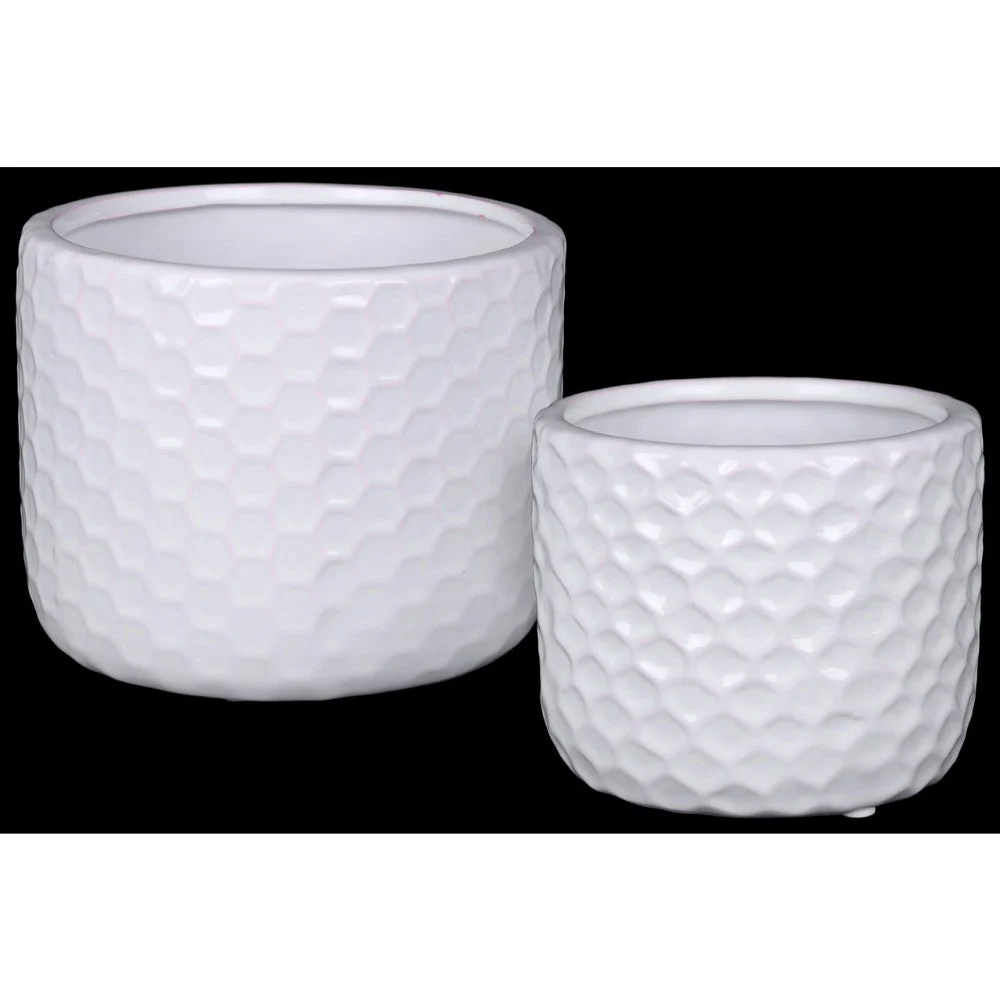 Benzara Ceramic Round Vase with Engraved Diamond Pattern, Set of 2, White