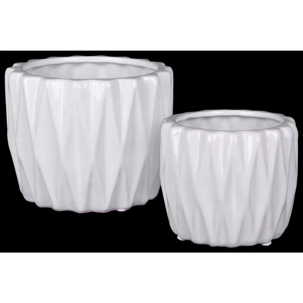 Benzara Round Ceramic Vase with 3D Triangle Pattern, Set of 2, White
