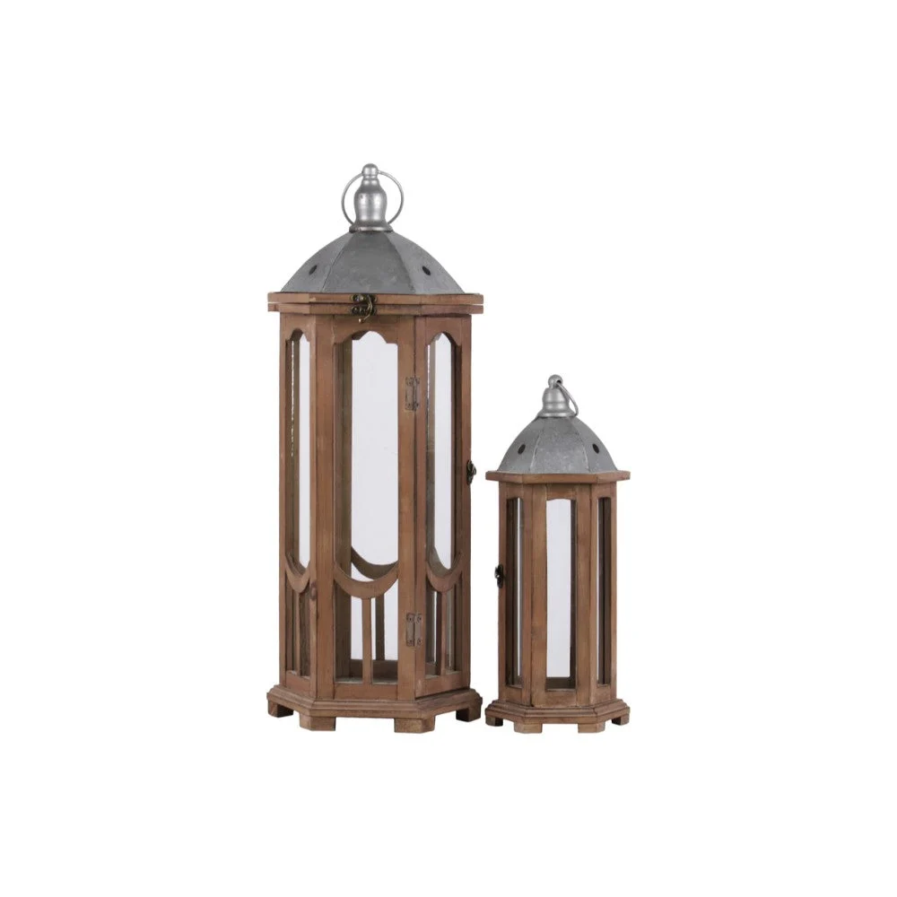 Benzara Hexagonal Shaped Wooden Lantern with Galvanized Top, Set of 2, Natural Brown