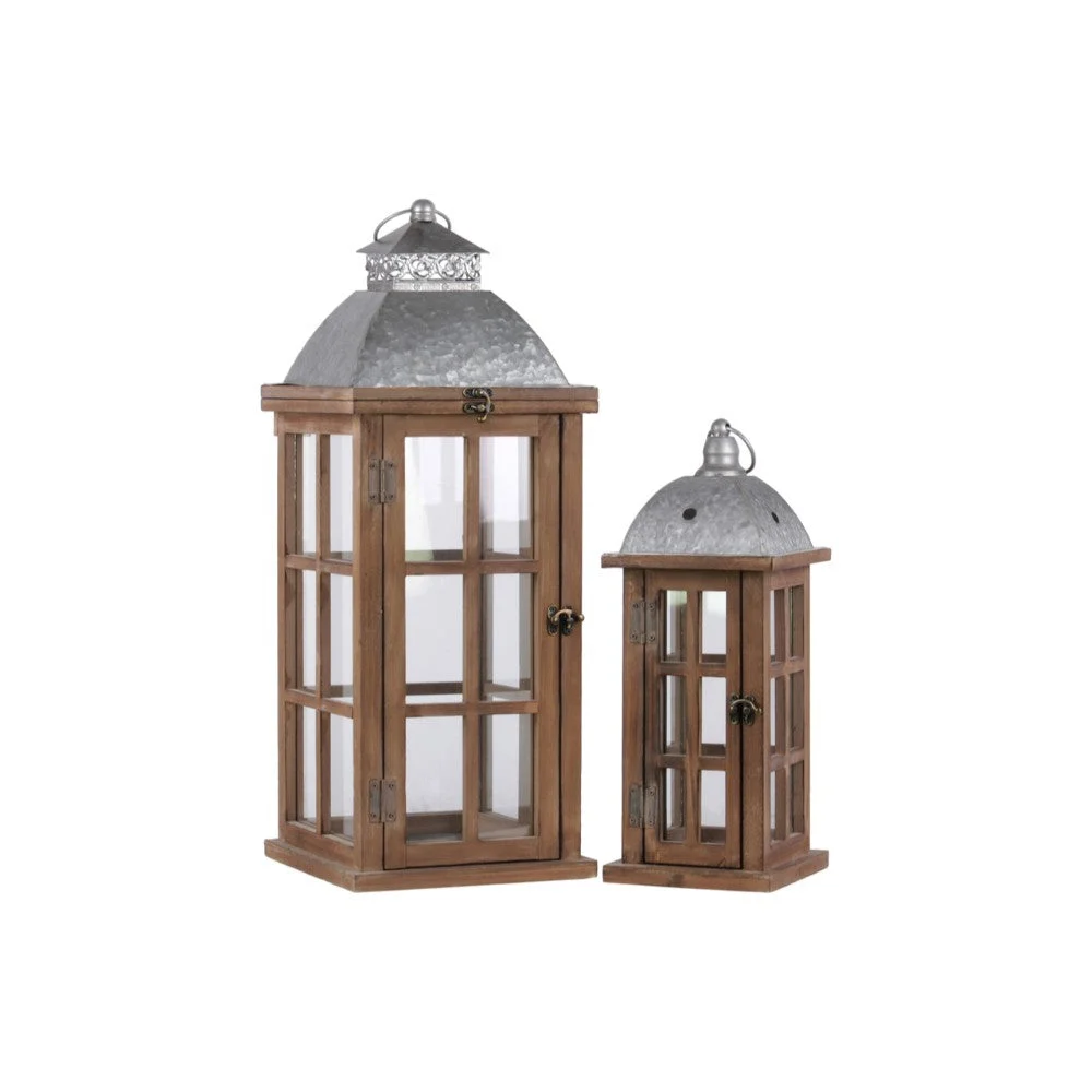 Benzara Wooden Lantern with Galvanized Top and Ring Handle, Set of 2, Natural Finish Brown