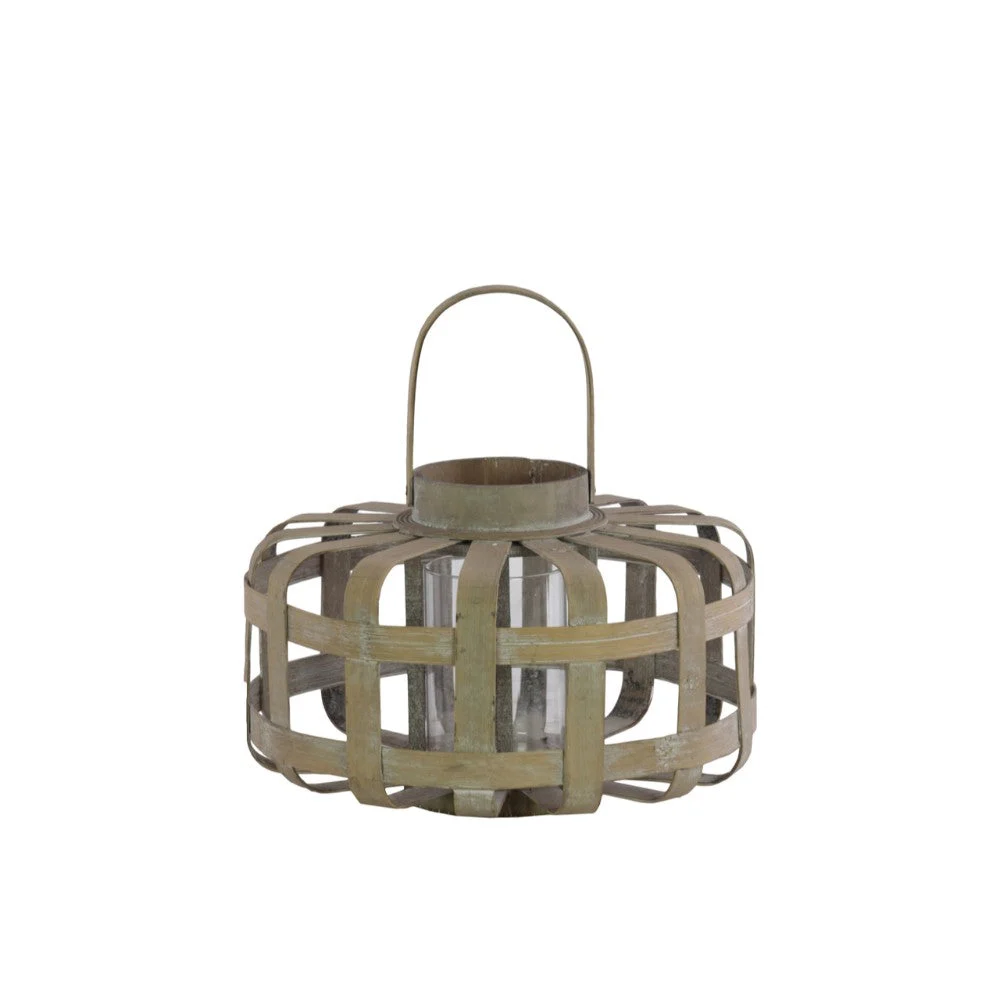 Benzara Wood Low Round Lantern with Lattice Design Body and Handle, Brown