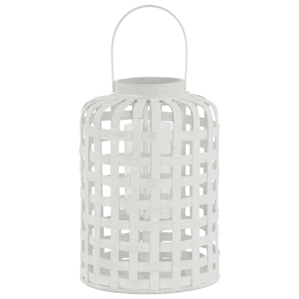 Benzara Wood Round Lantern with Lattice Design Body and Handle, White