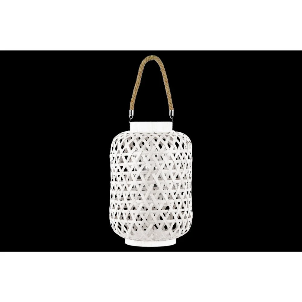 Benzara BamBoo Round Lantern with Triangle Cutouts and Hemp Rope Handle, White