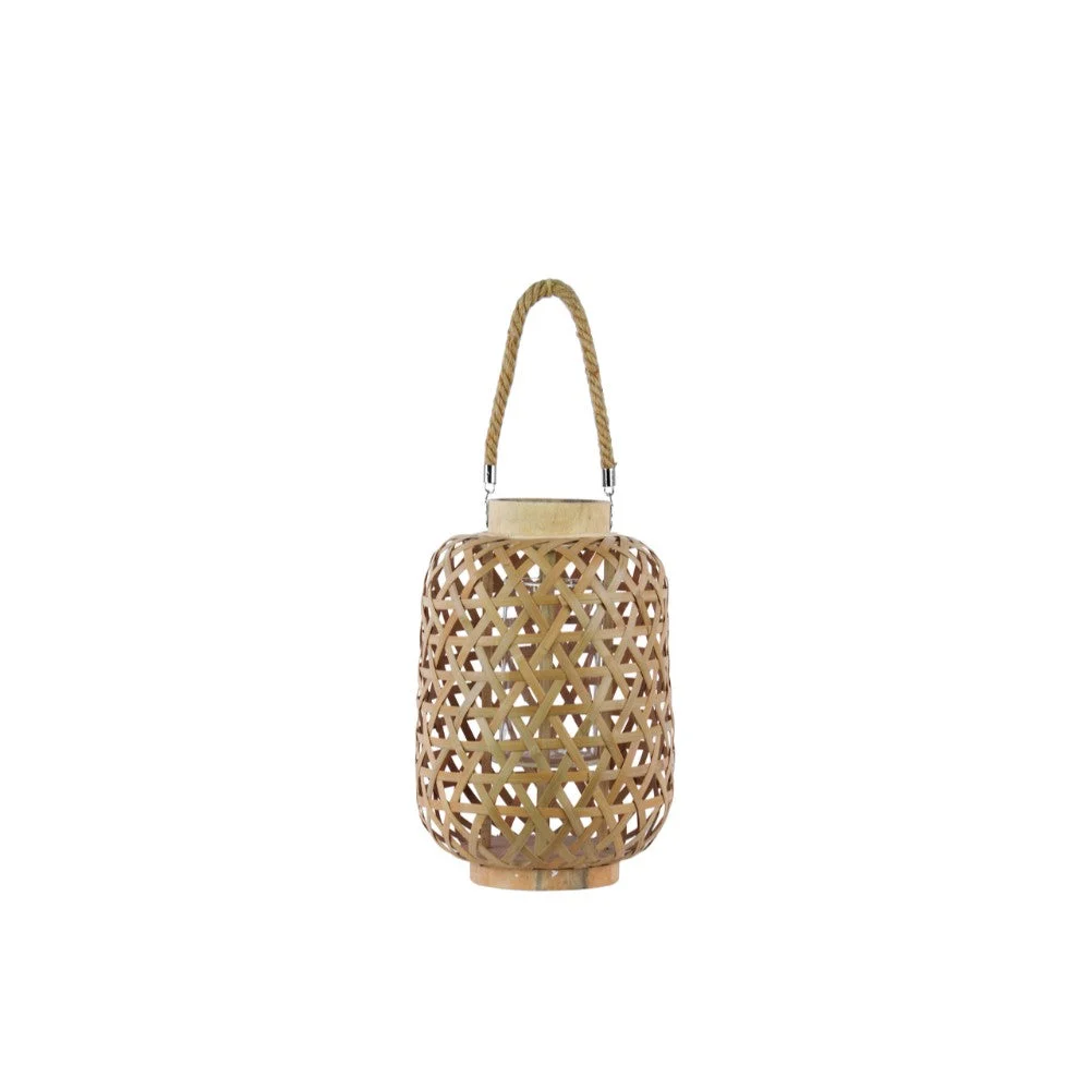 Benzara BamBoo Round Lantern with Criss Cross Cutouts and Hemp Rope Handle, Cream