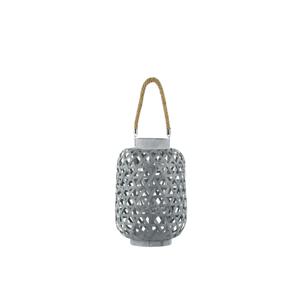 Benzara BamBoo Round Lantern with Criss Cross Cutouts and Hemp Rope Handle, Gray