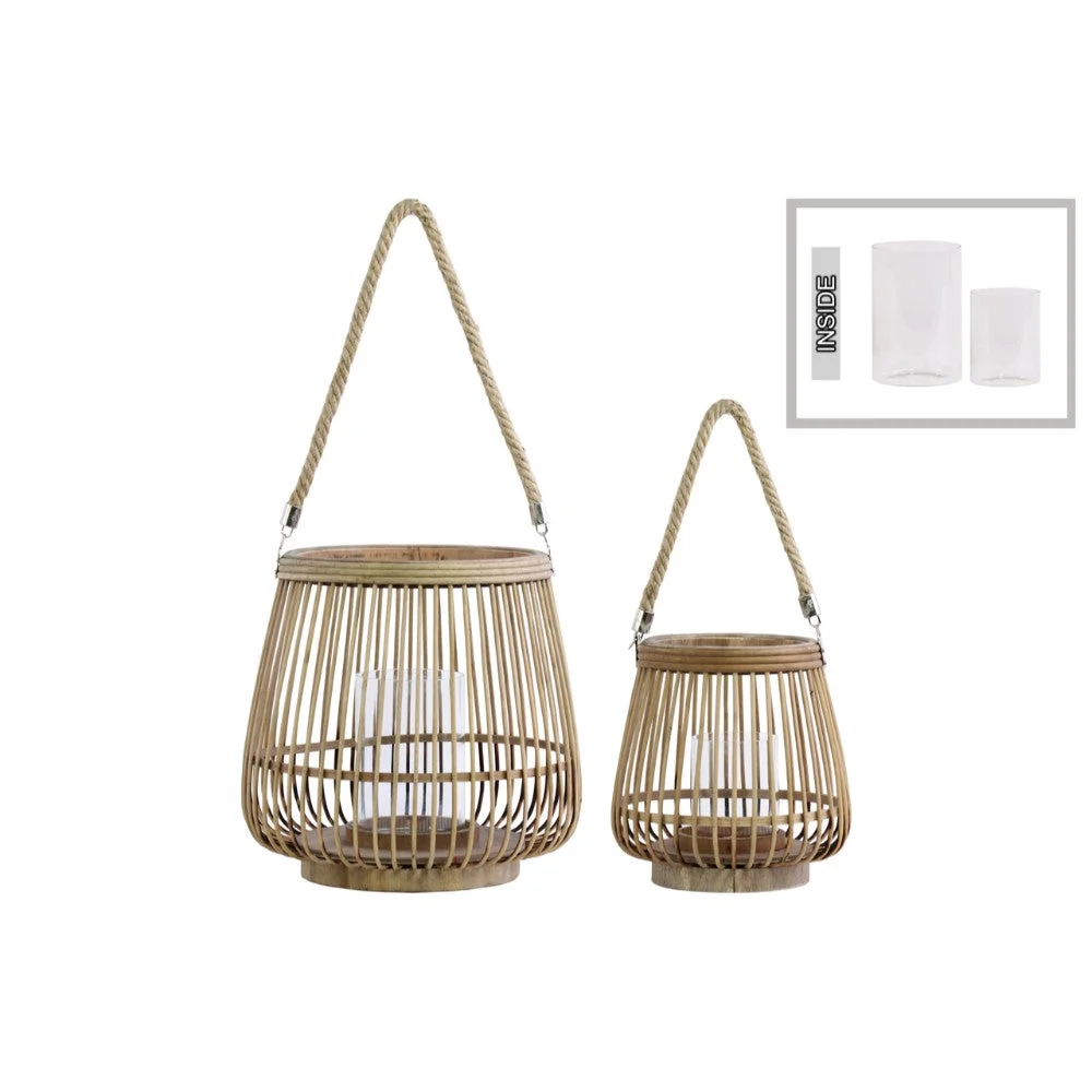 Benzara BamBoo Round Lantern with Rope Hangers, Set of 2, Brown