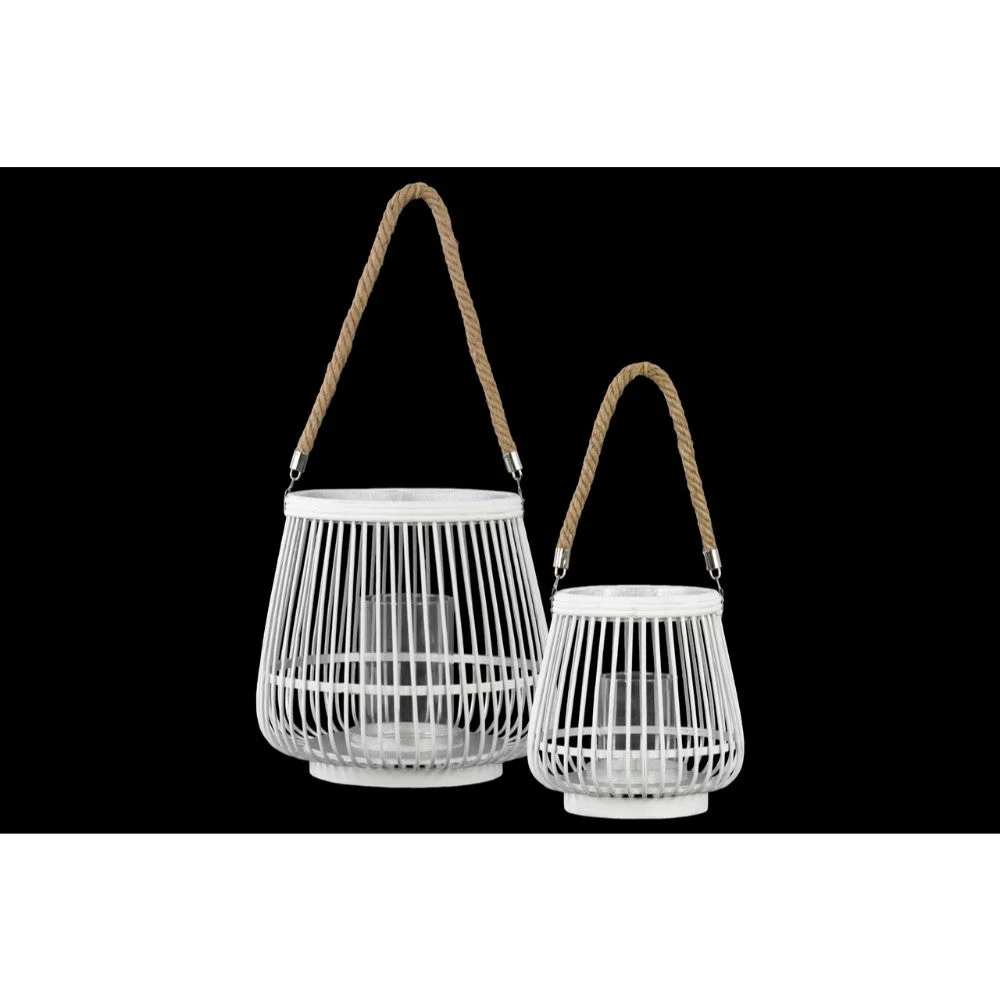 Benzara BamBoo Round Lantern with Rope Hangers, Set of 2, White