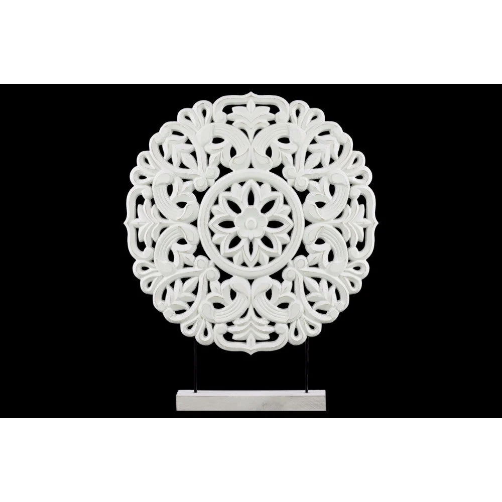 Benzara Wood Round Buddhist Wheel Ornament on Rectangular Stand in LG Matte Finish, White