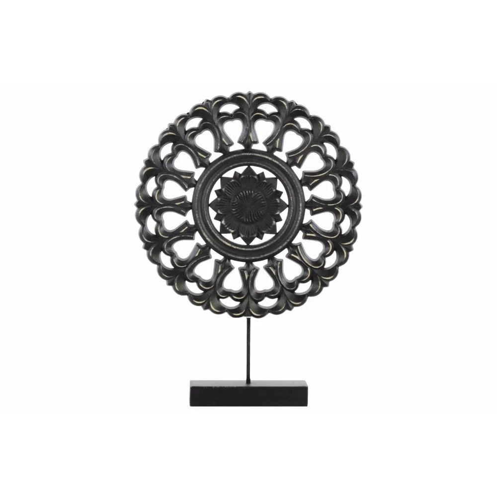 Benzara Wood Round Buddhist Wheel Ornament on Rectangular Stand in SM Matte Finish, Black