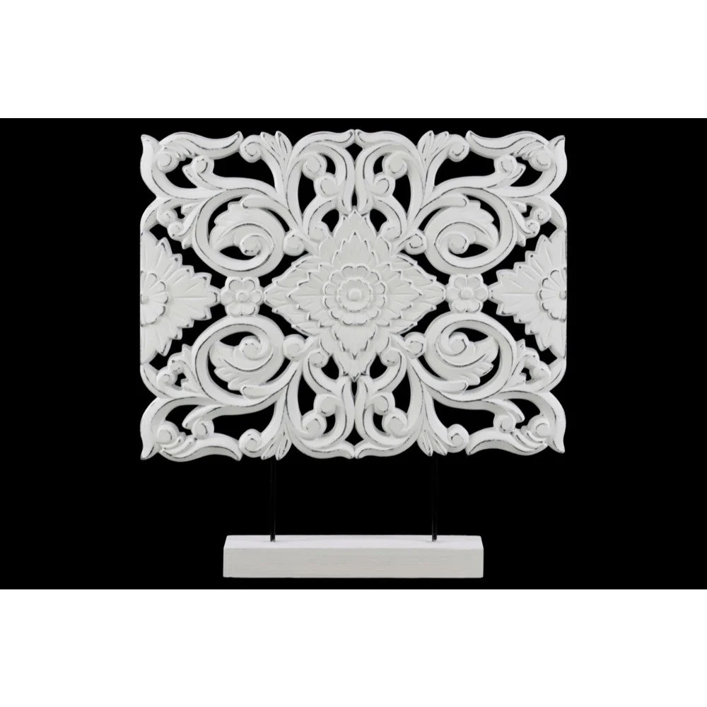Benzara Wood Wide Rectangular Filigree Ornament on Rectangular Stand in Matte Finish, White