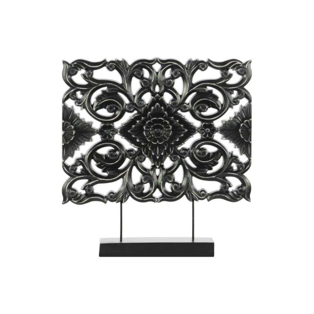 Benzara Wood Wide Rectangular Filigree Ornament on Rectangular Stand in Matte Finish, Black