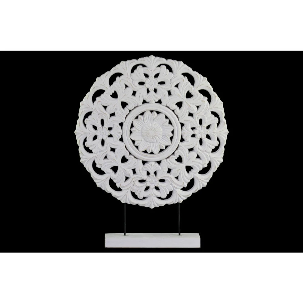 Benzara Wood Round Floral Wheel Ornament on Rectangular Stand in LG Matte Finish, White