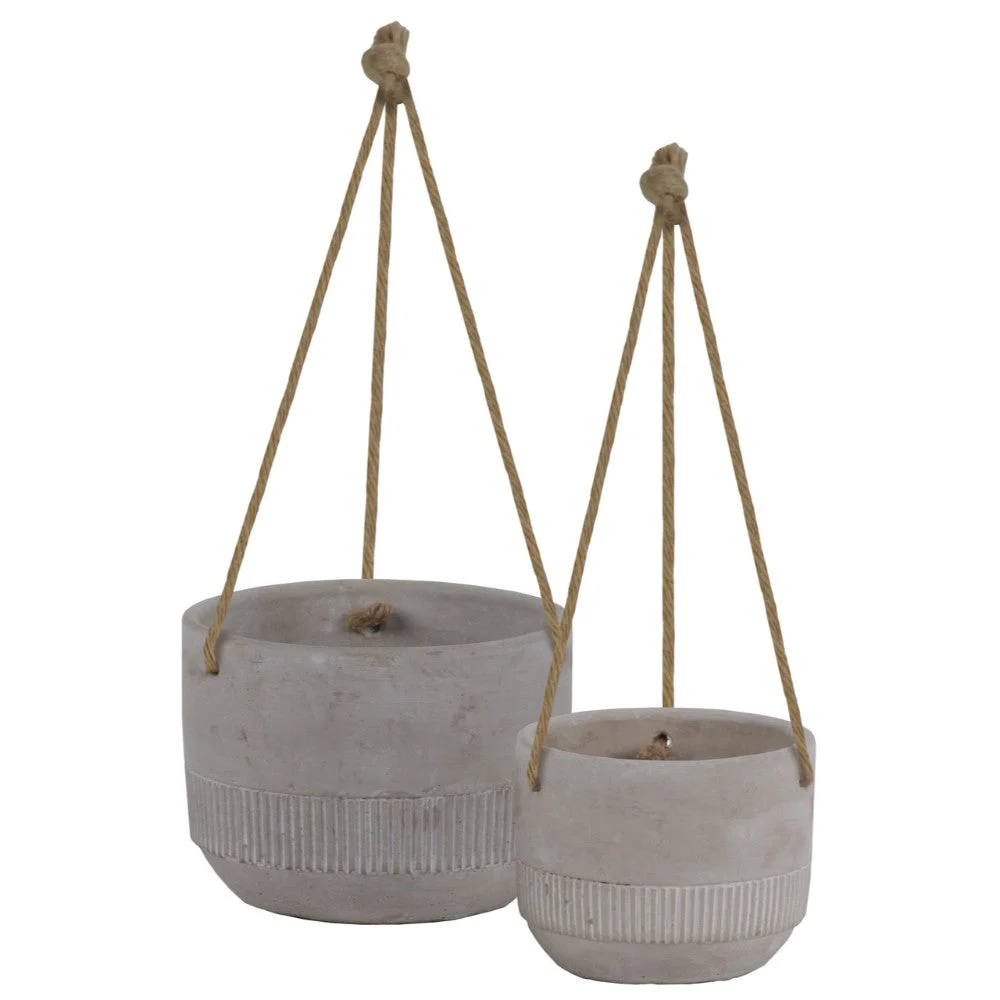 Benzara Round Cemented Pots with Rope Hanger, Washed Gray, Set of 2