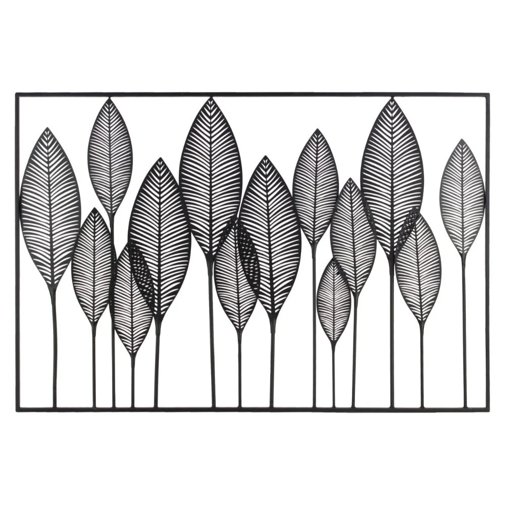 Benzara Metal Veined Leaves Wall Decor in Landscape Orientation, Black