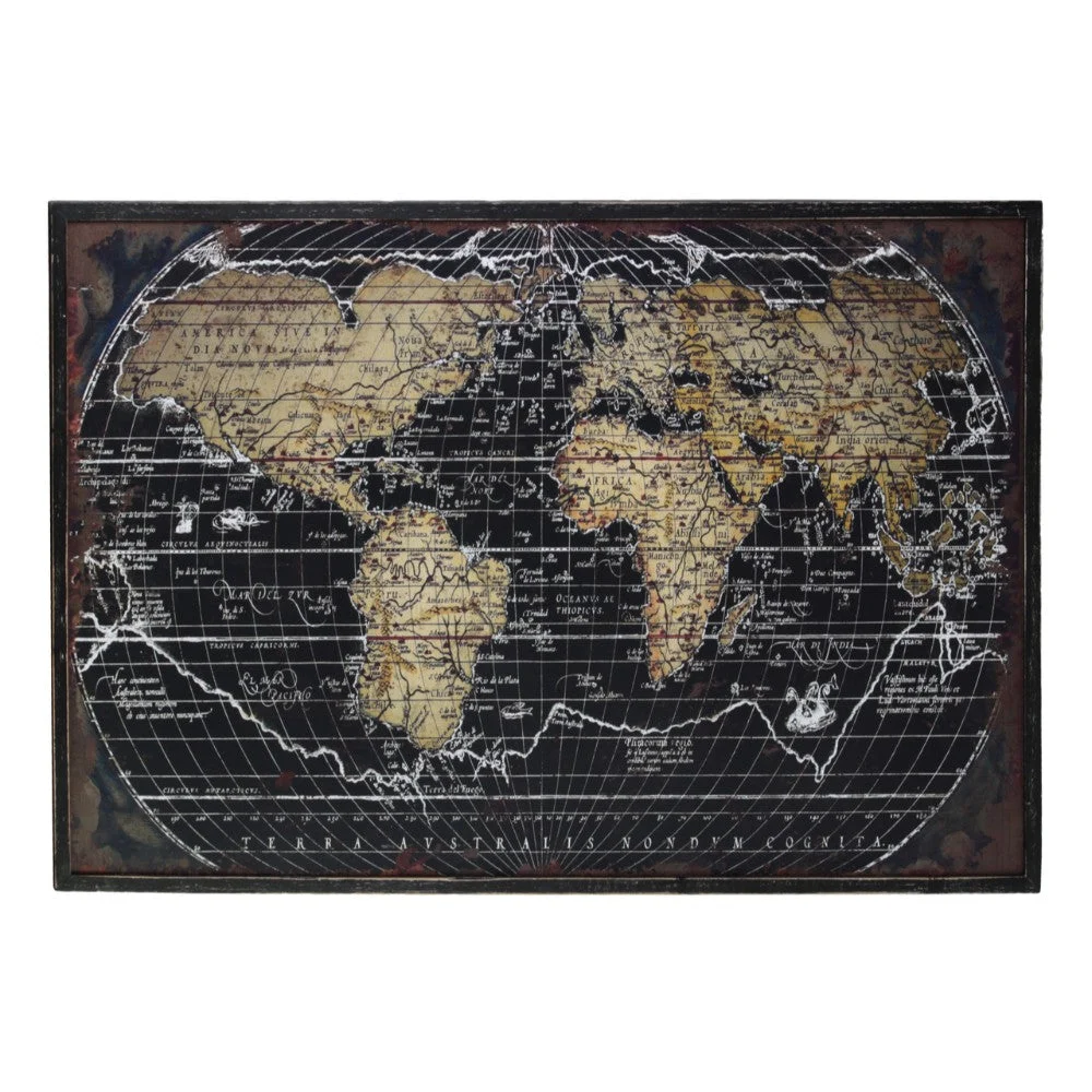 Benzara Wooden Rectangular Gicle Print of ``World Atlas`` Wall Art, Black