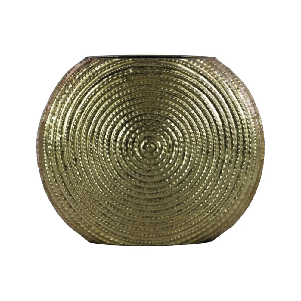 Benzara Metal Round Vase with Embedded Design on Body, Gold