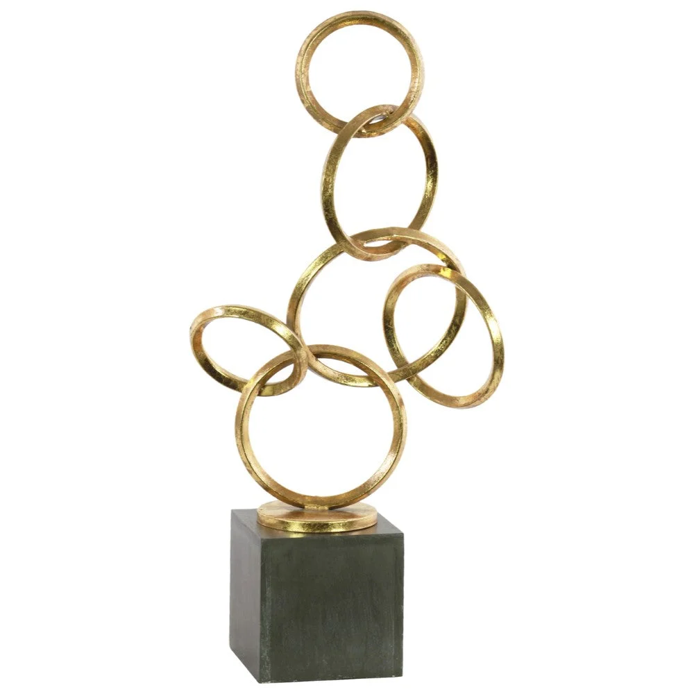 Benzara Metal Abstract Interlocking Circles Sculpture on Square Base, Gold