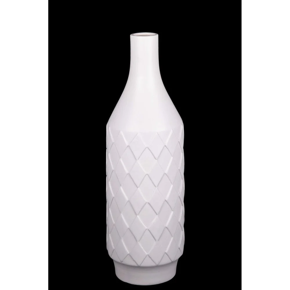 Benzara Embossed Diamond Pattern Ceramic Bottle Vase, Medium, White