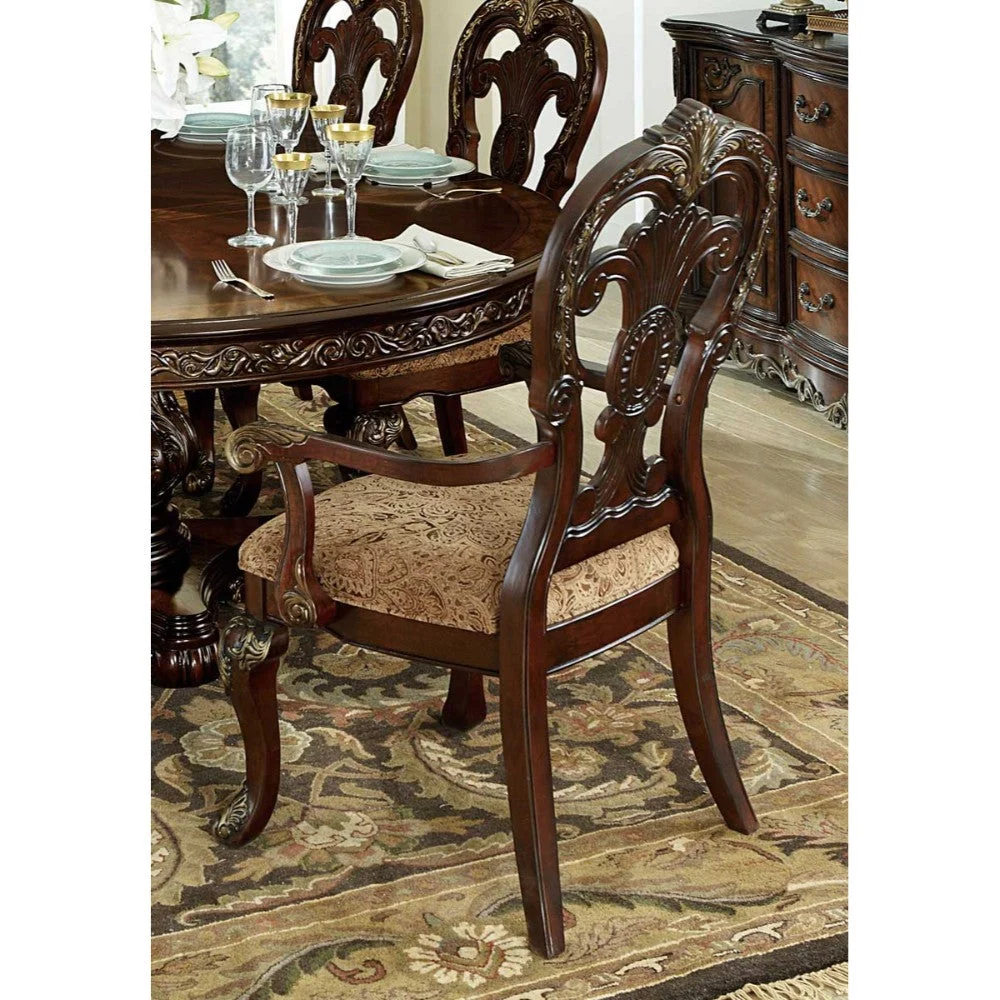 Benzara Wood Fabric Arm Chair With Deep Engraved Design, Brown & Beige (Set of 2)
