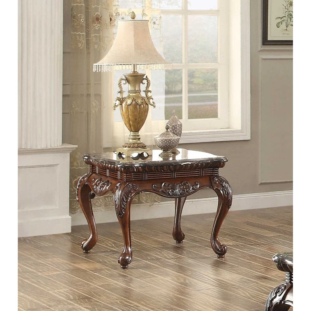 Benzara Traditional Style Engraved End Table With Marble Top, Dark Cherry Brown