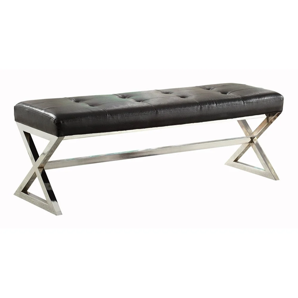 Benzara Contemporary Bench Chair With X Chrome Metal Base, Black & Silver