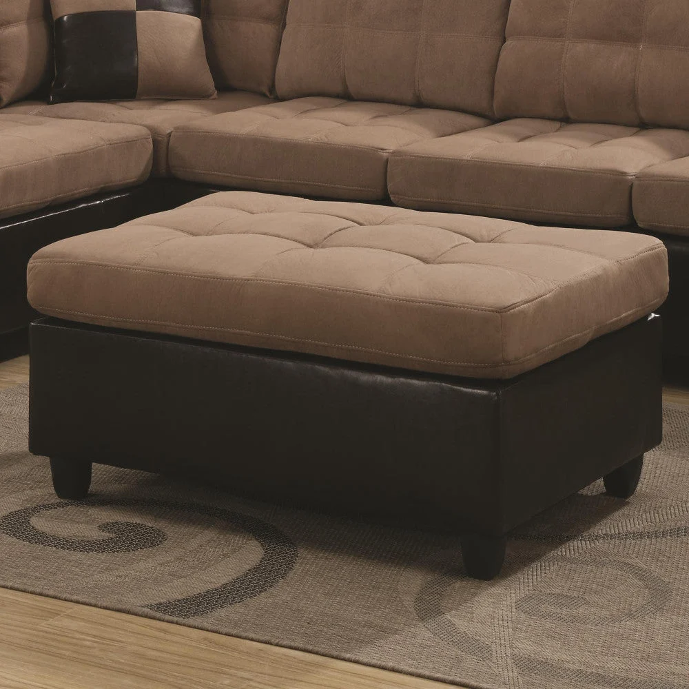 Benzara Transitional Wooden Ottoman With Tufted Microfiber Seat, Chocolate Brown