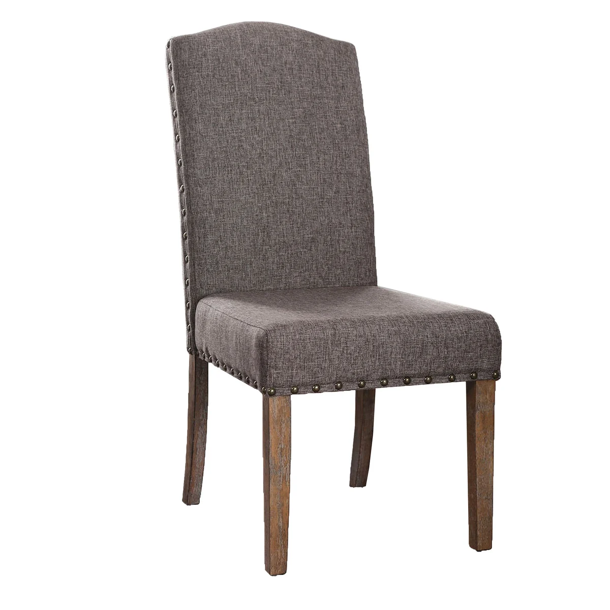 Benzara Fabric Upholstered Solid Wood Side Chair with Nail head Trims , Brown and Gray, Pack of 2