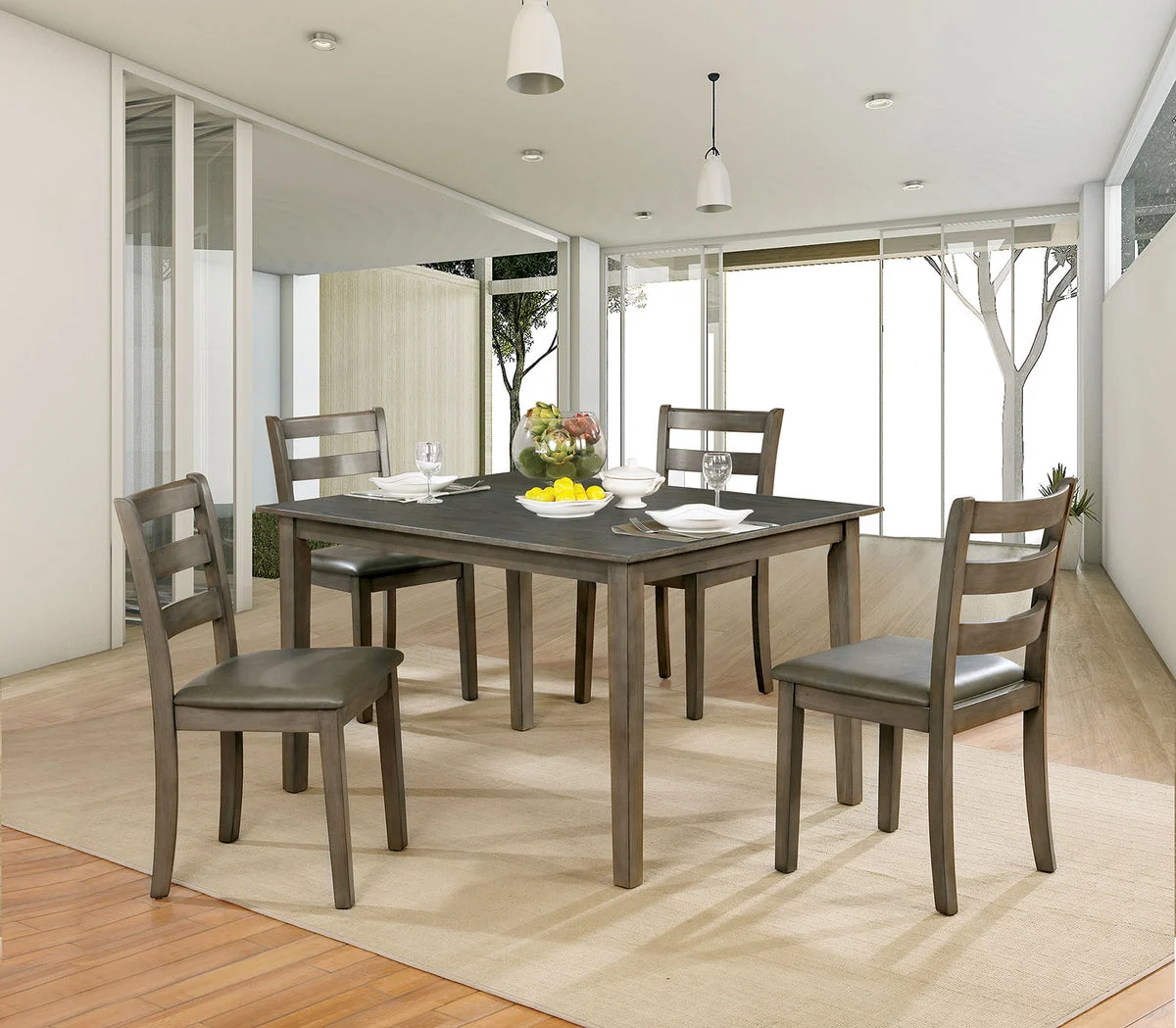 Benzara Transitional Style Solid Wood and Faux Leather Dining Table Set with Sturdy Legs, Pack of 5, Gray