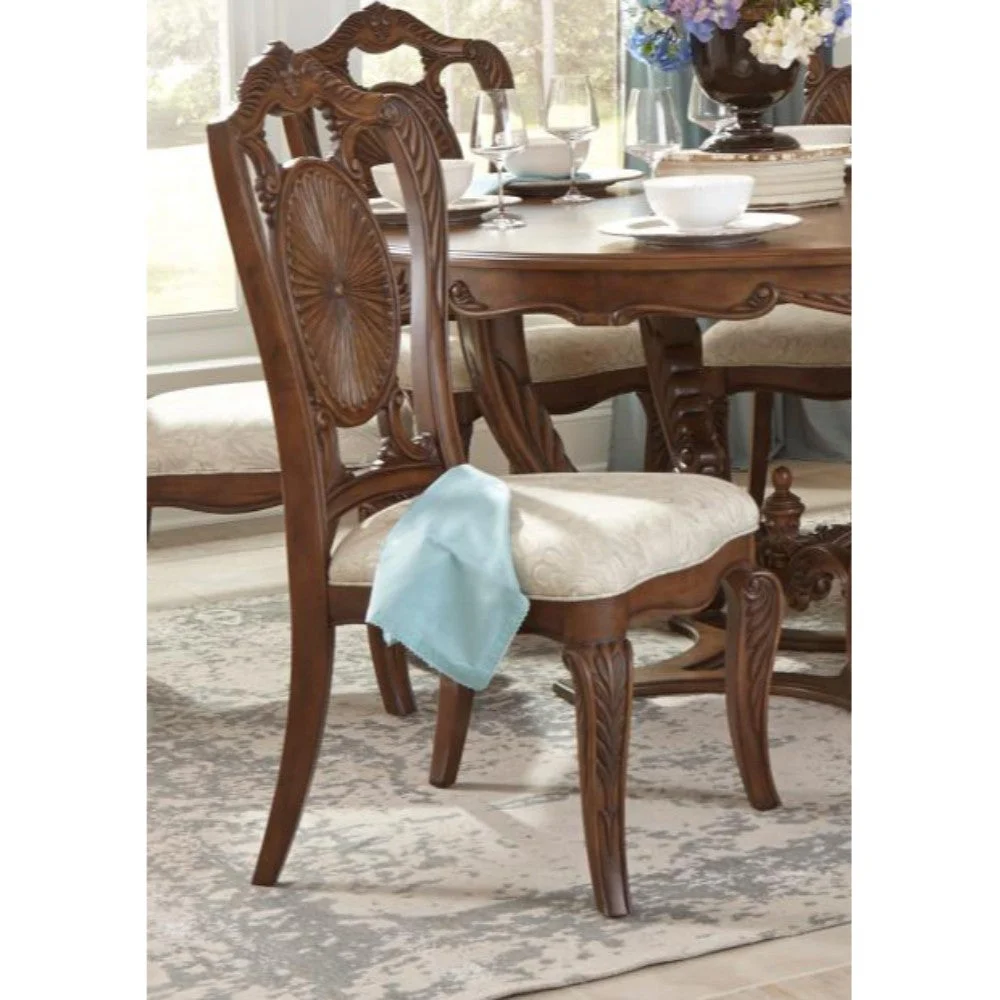 Benzara Leatherette Upholstered Wooden Side Chair with Scrolled Crown, Brown and Cream, Set of 2