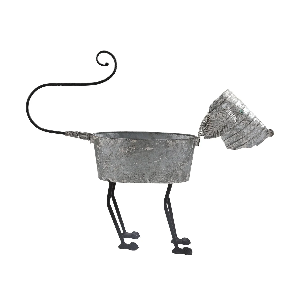 Benzara Galvanized Tin Dog Shape Planter with Four Paws and Long Tail, Gray and Black