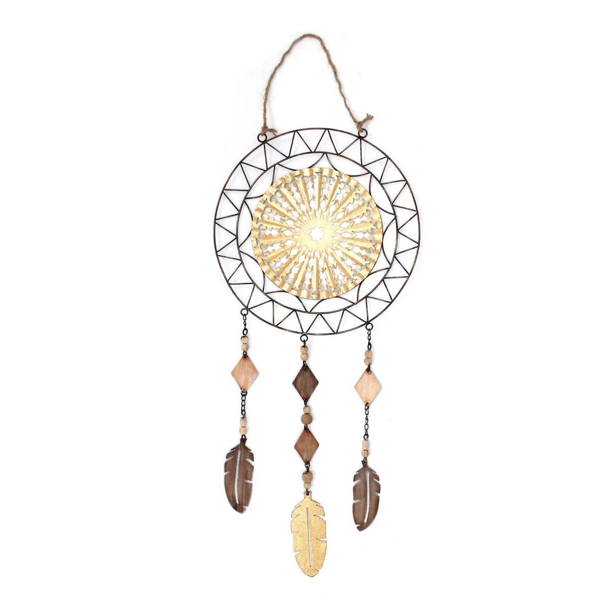 Benzara Metal Dreamcatcher with Three Strings At Bottom and Rope Hanging, Multicolor