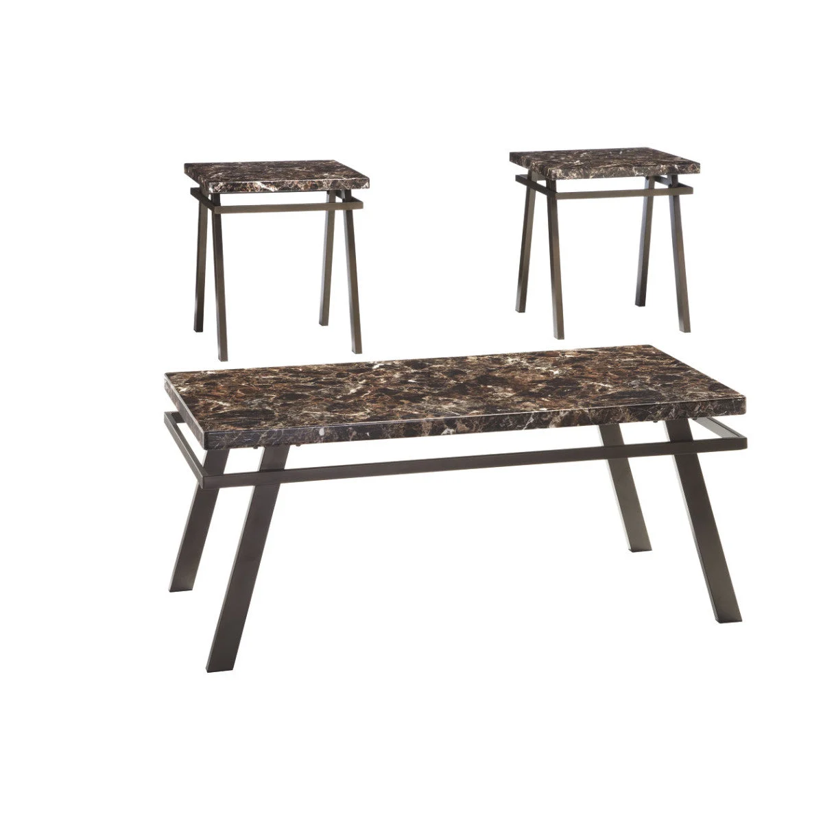 Benzara Faux Marble Top Table Set with Flared Metal Legs, Set of 3, Brown and Black