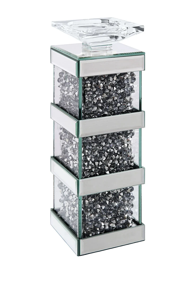 Benzara Wood and Glass Candle Holder with Faux Crystal Inserts, Clear, , Small
