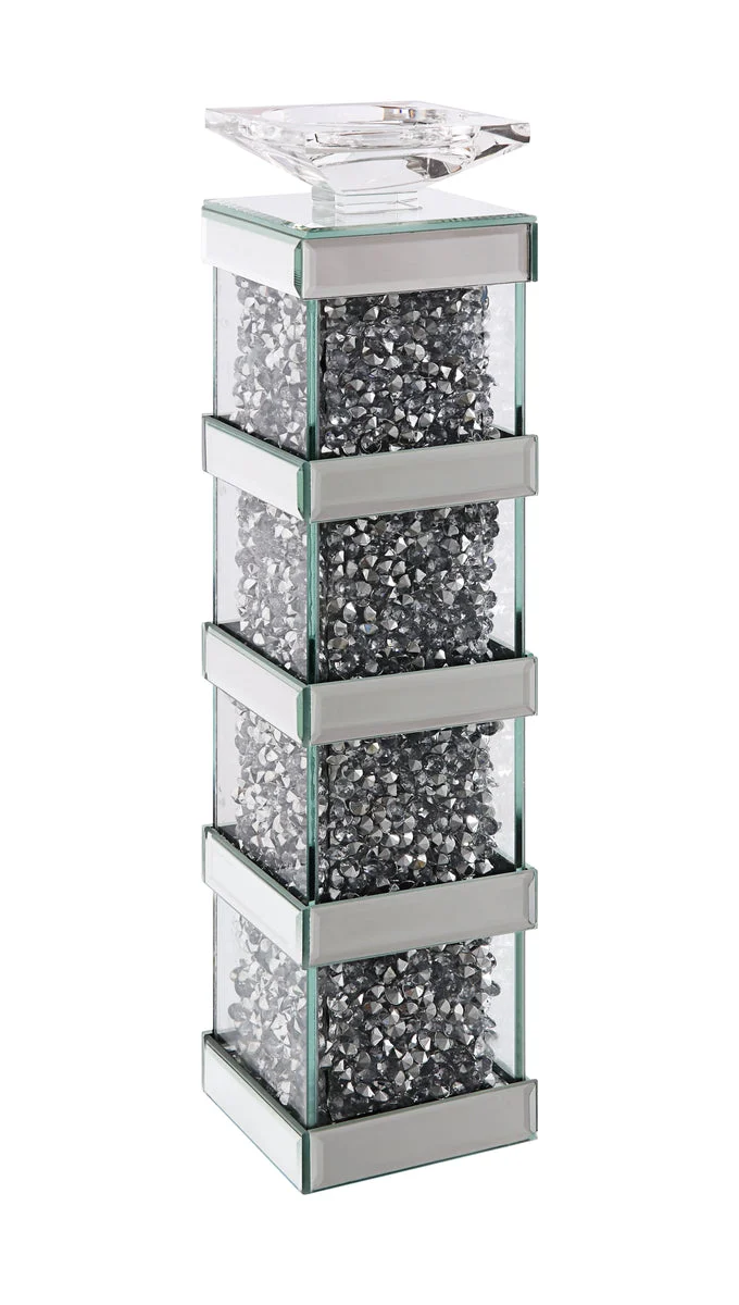 Benzara Glass Candle Holder with Faux Crystals and Mirror, Silver