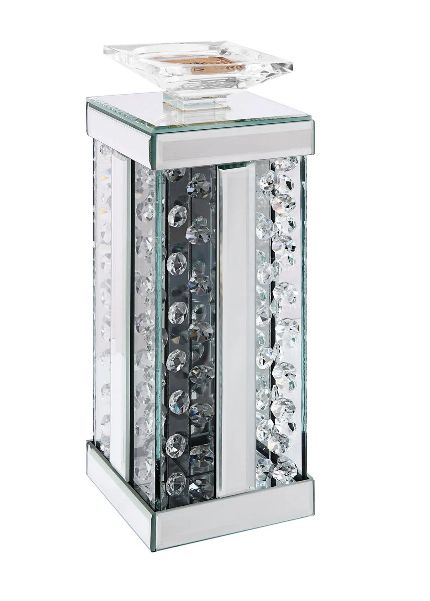 Benzara Wood and Glass Candle Holder with Faux Crystal Studs, Clear, , Small