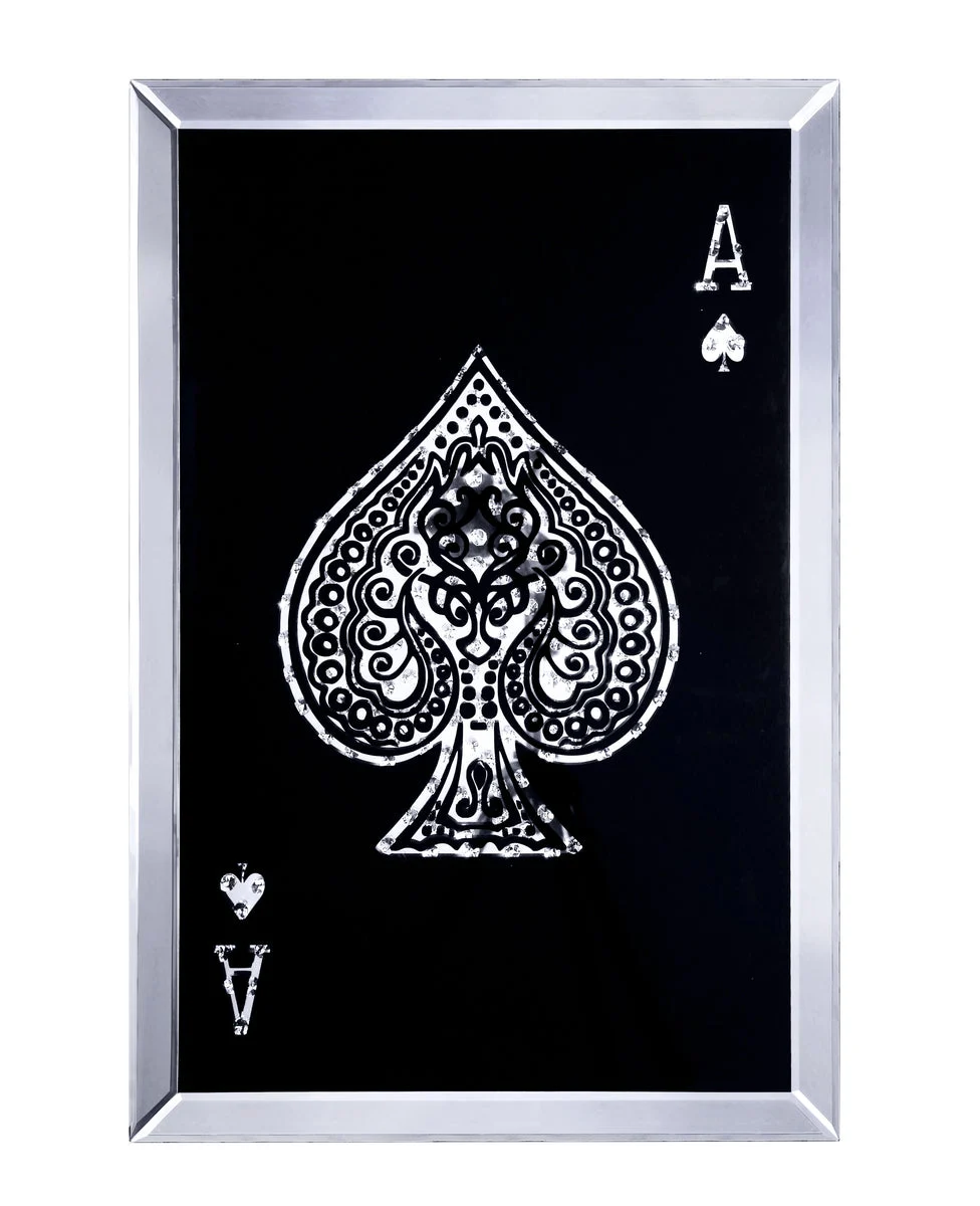 Benzara Mirrored Wall Art with Ace Design and Faux Crystals Inlay, Silver and Black