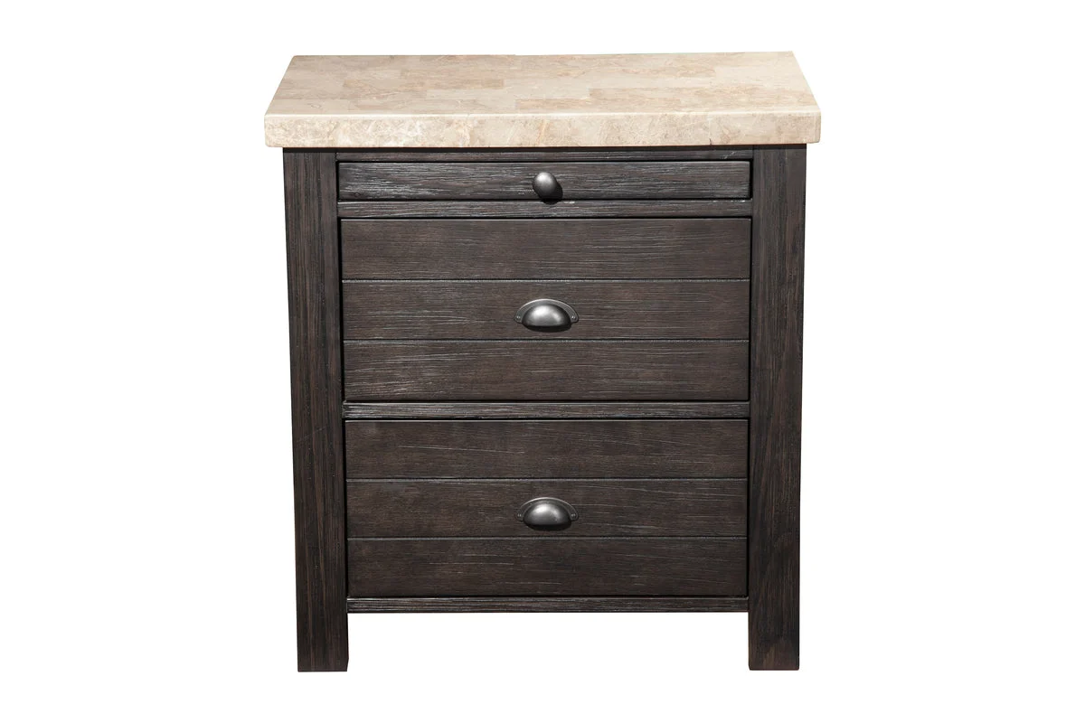Benzara Wooden Nightstand with Two Drawers and Pull Out Tray, Brown and Beige