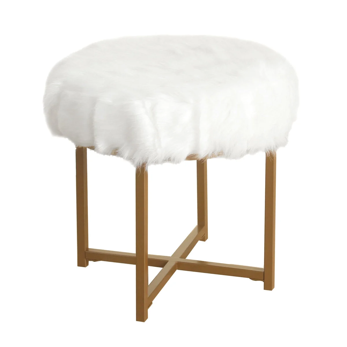 Benzara Round Faux Fur Upholstered Stool with X Shape Metal Base, White and Gold