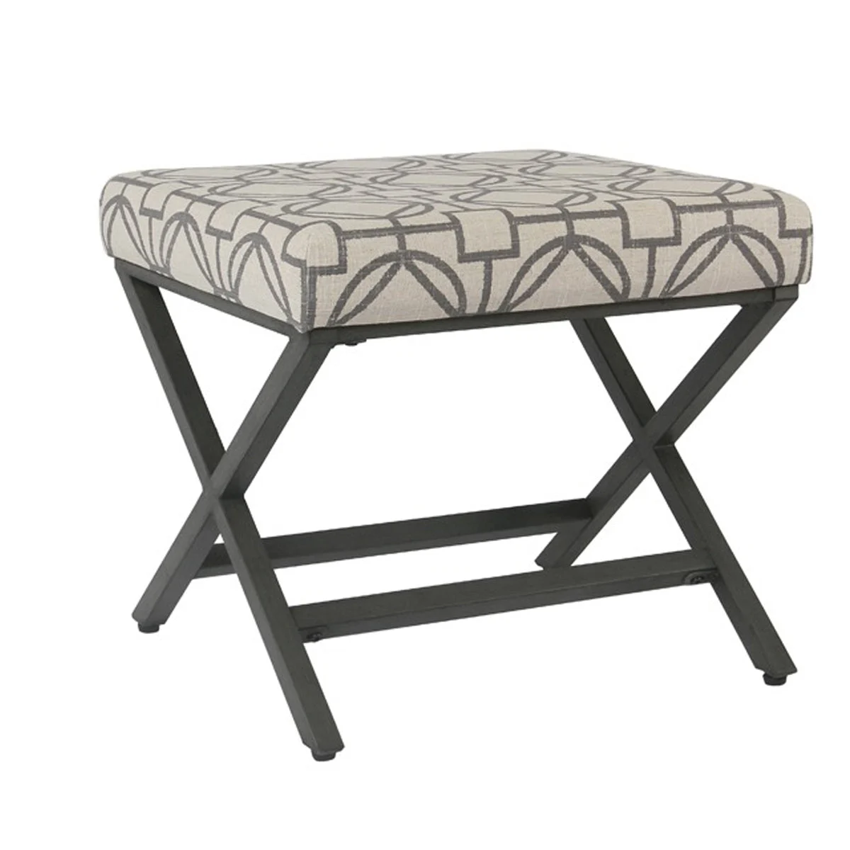 Benzara Patterned Fabric Upholstered Ottoman with X Shape Metal Legs, Beige and Gray