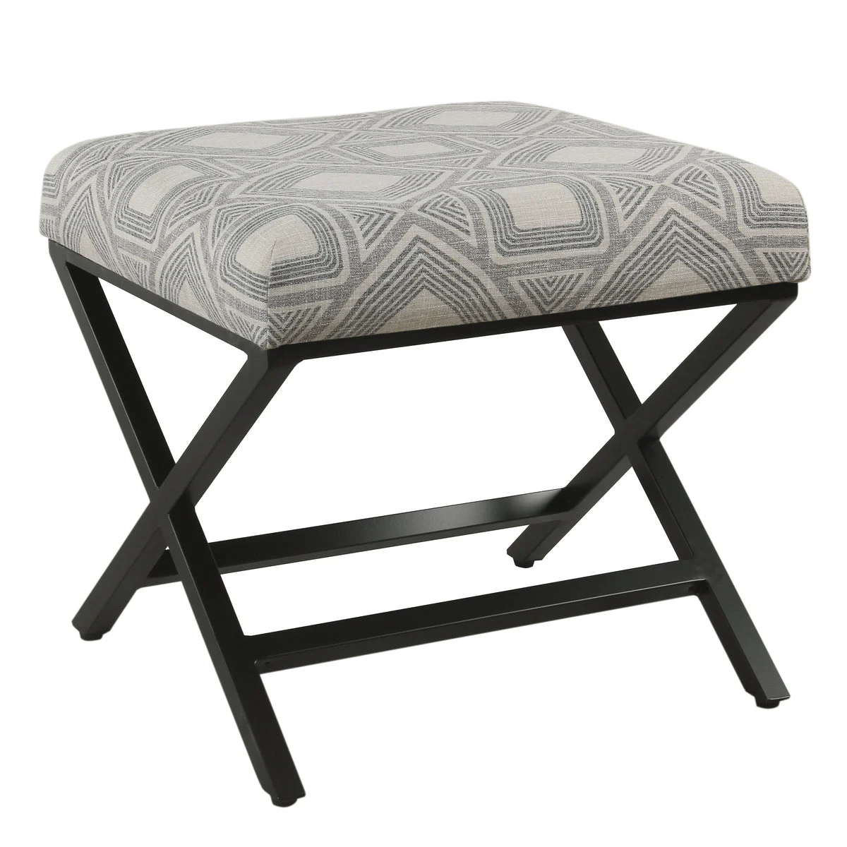 Benzara Geometric Pattern Fabric Upholstered Ottoman with X Shape Metal Legs, Gray and Cream