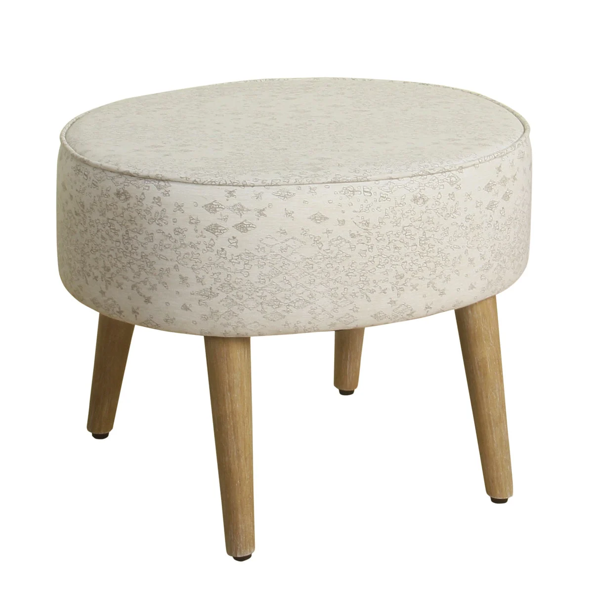 Benzara Oval Shape Fabric Upholstered Stool with Wooden Tapered Legs, White and Brown