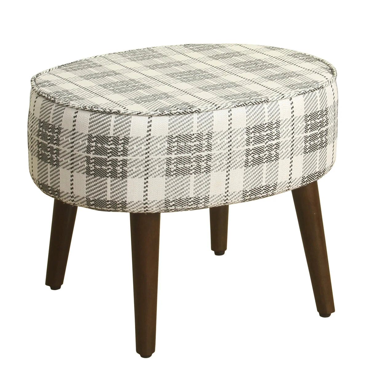 Benzara Plaid Pattern Fabric Upholstered Oval Stool with Wooden Tapered Legs, Black and White