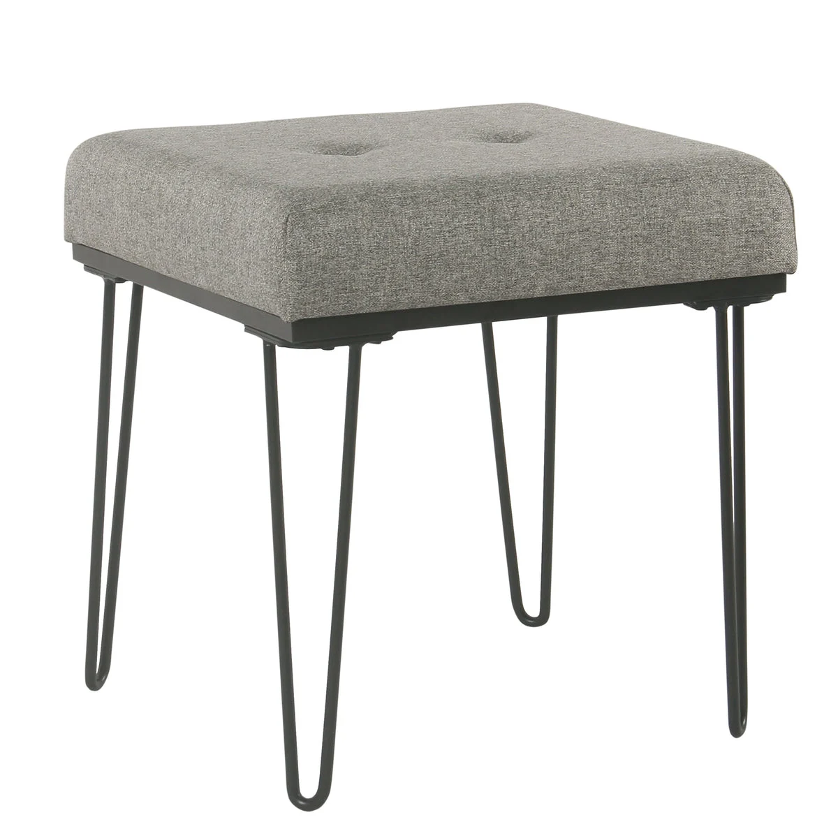 Benzara Metal Framed Stool Ottoman with Fabric Upholstered Tufted Seat, Gray and Black