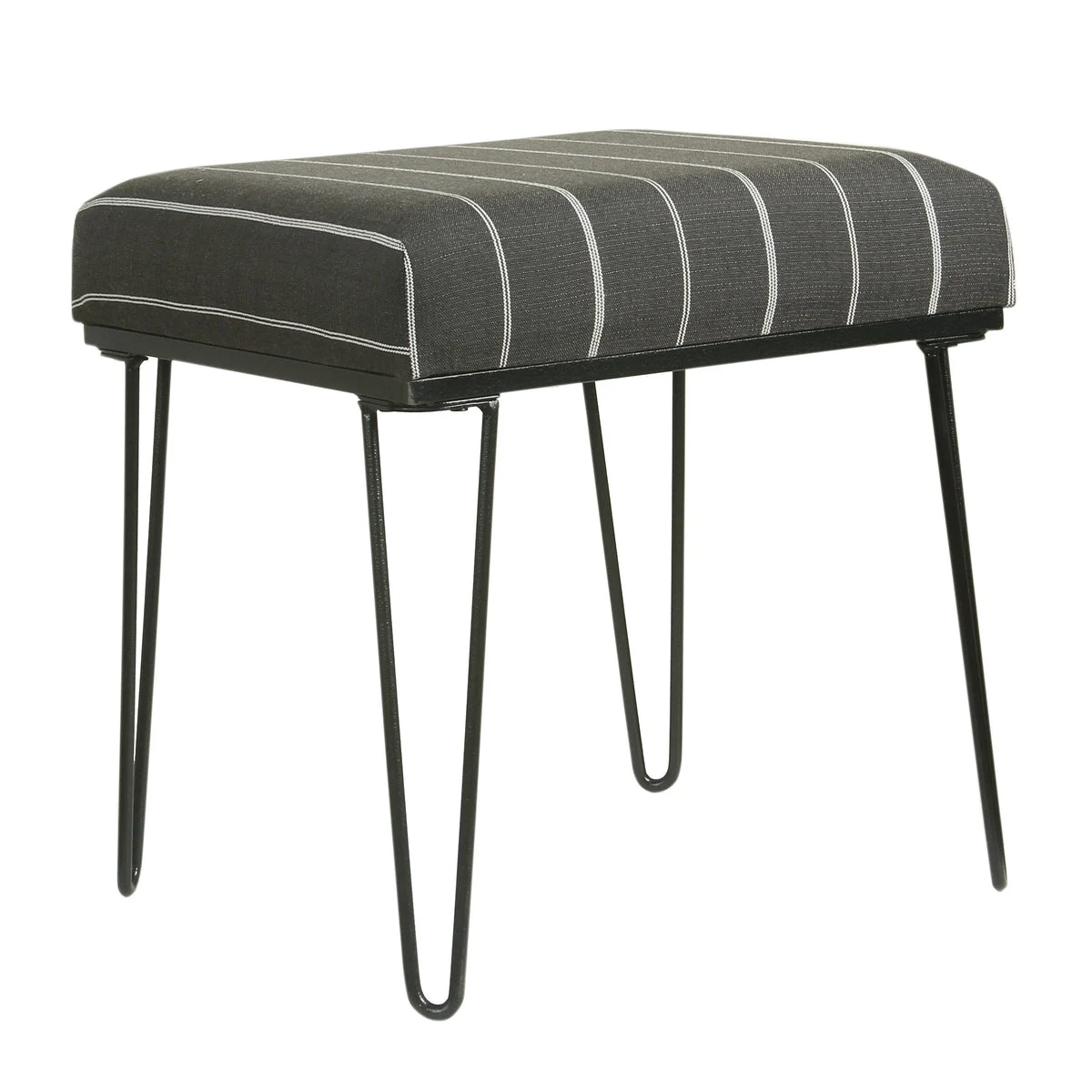 Benzara Metal Framed Stool Ottoman with Stripe Patterned Fabric Upholstered Seat, Gray and Black