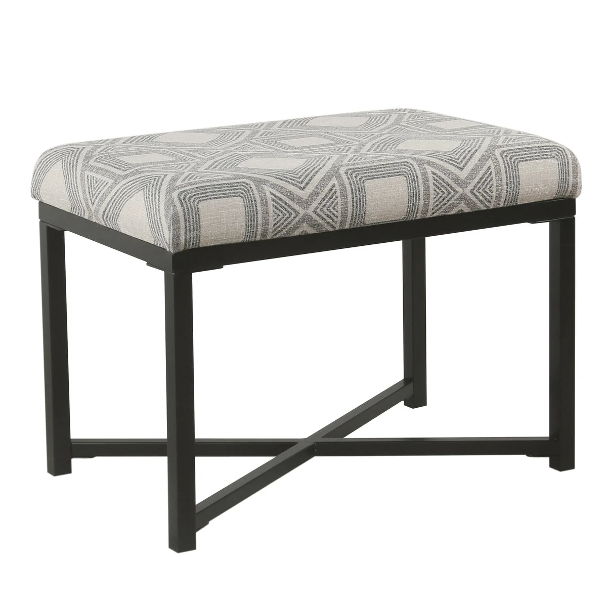 Benzara Geometric Patterned Fabric Upholstered Ottoman with X Shape Metal Base, Gray and Cream