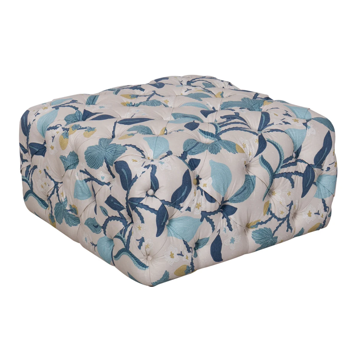 Benzara Floral Patterned Fabric Upholstered Wooden Ottoman with Button Tufted Detailing, Multicolor