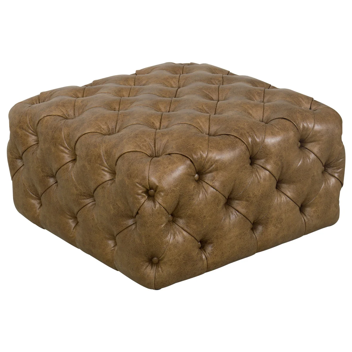 Benzara Faux Leather Upholstered Wooden Ottoman with Button Tufted Detailing, Brown