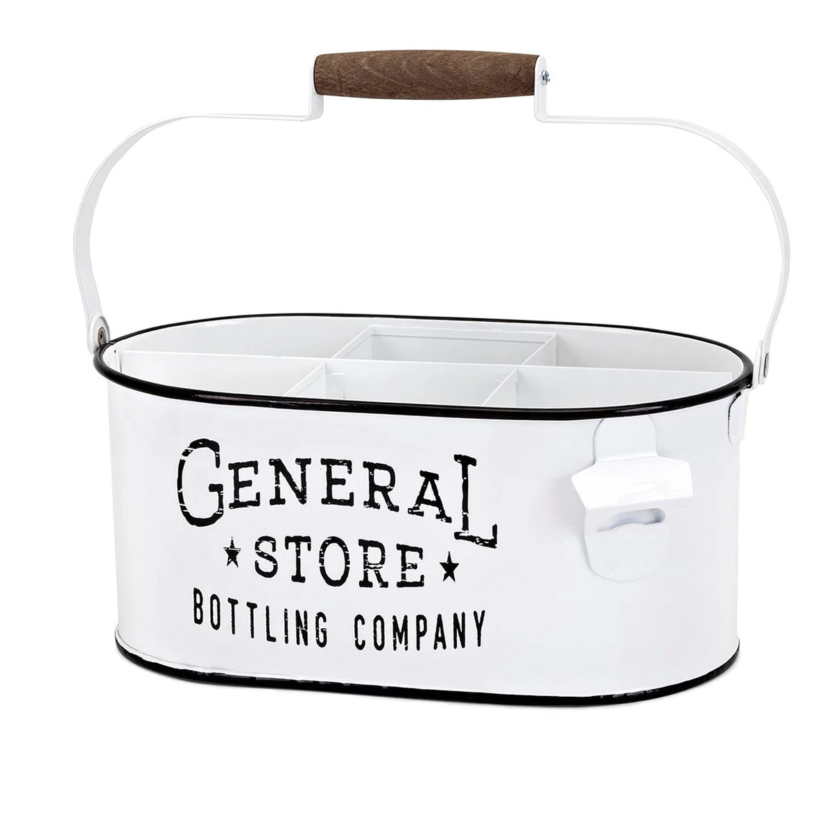 Benzara Iron Bottle Caddy Container with Handle and Six Compartments, White and Black