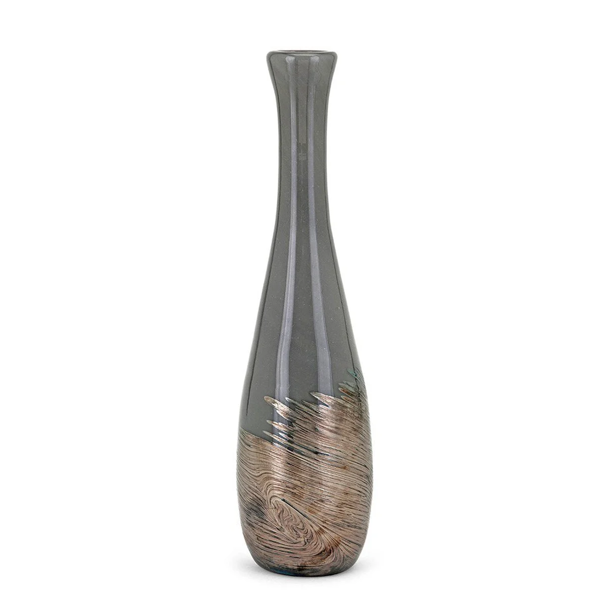 Benzara Glass Bottle Vase with Swirls Textured Base and Flared Opening, Gray and Gold, Small