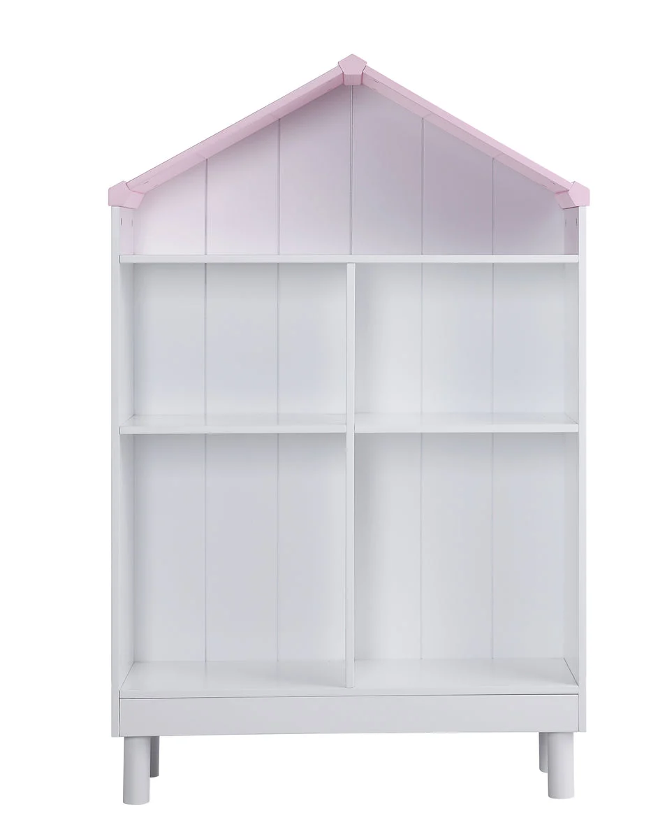 Benzara Hut Shape Wooden Bookcase with Five Spacious Shelves, White and Pink